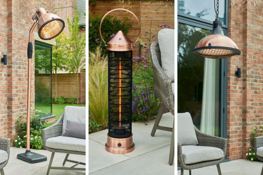 A selection of stylish Kettler Kalos Plush copper electric garden heaters