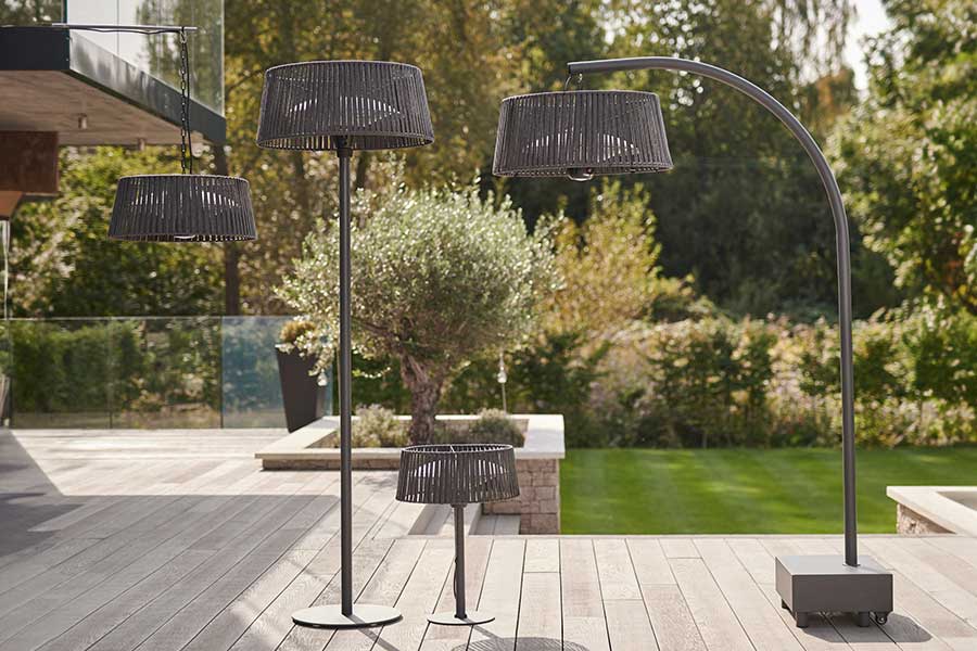 Stylish Kettler Kalos Plus electric garden heaters on a modern garden deck