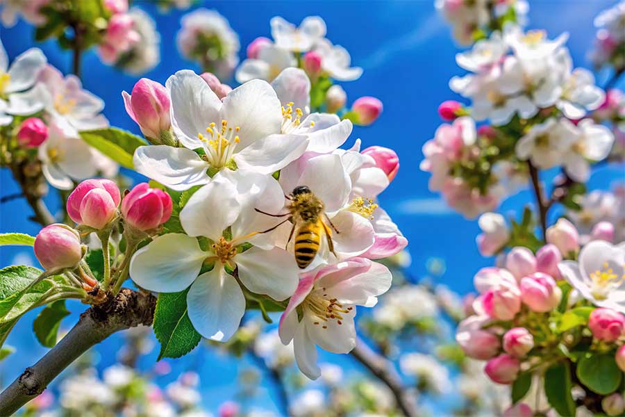 Bees collecting pollen and nectar from blooms of spring flowers