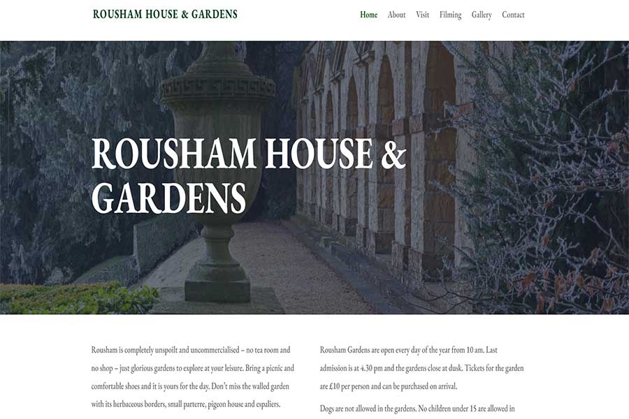 Screen shot of the website for Rousham House and Garden in Oxfordshire