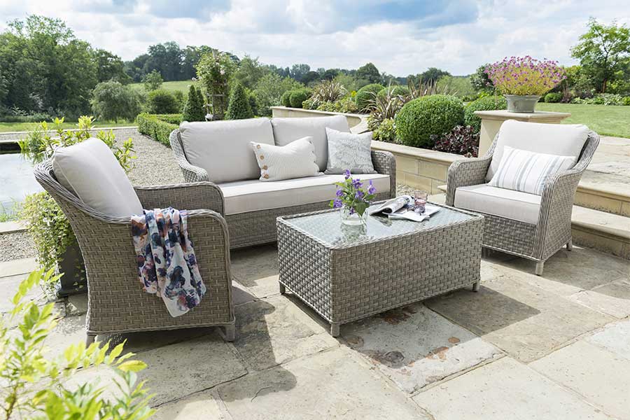 Kettler Charlbury luxury rattan garden lounge set with sofa and two armchairs